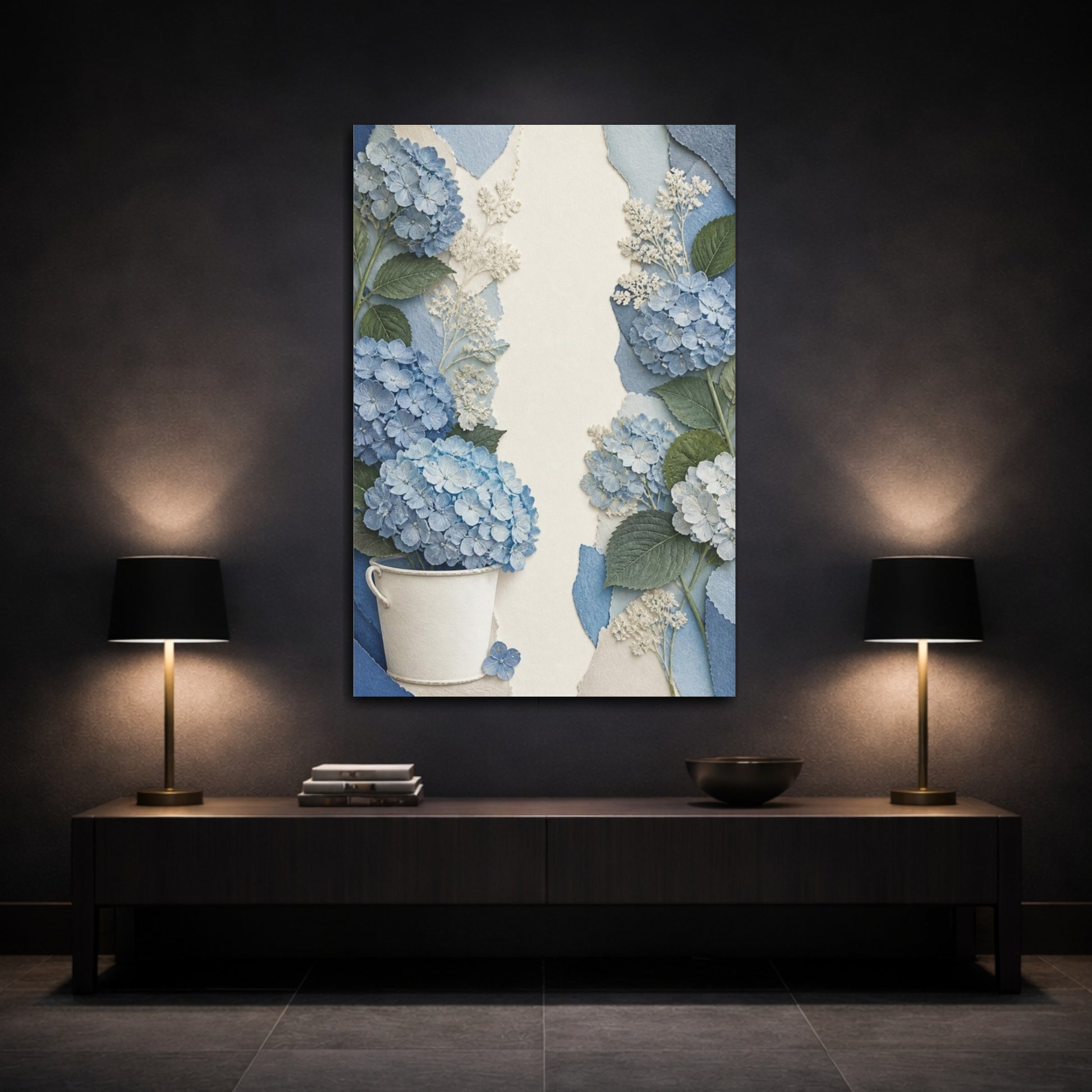 Mockup 3. Botanical Blue Hydrangea shown as canvas print