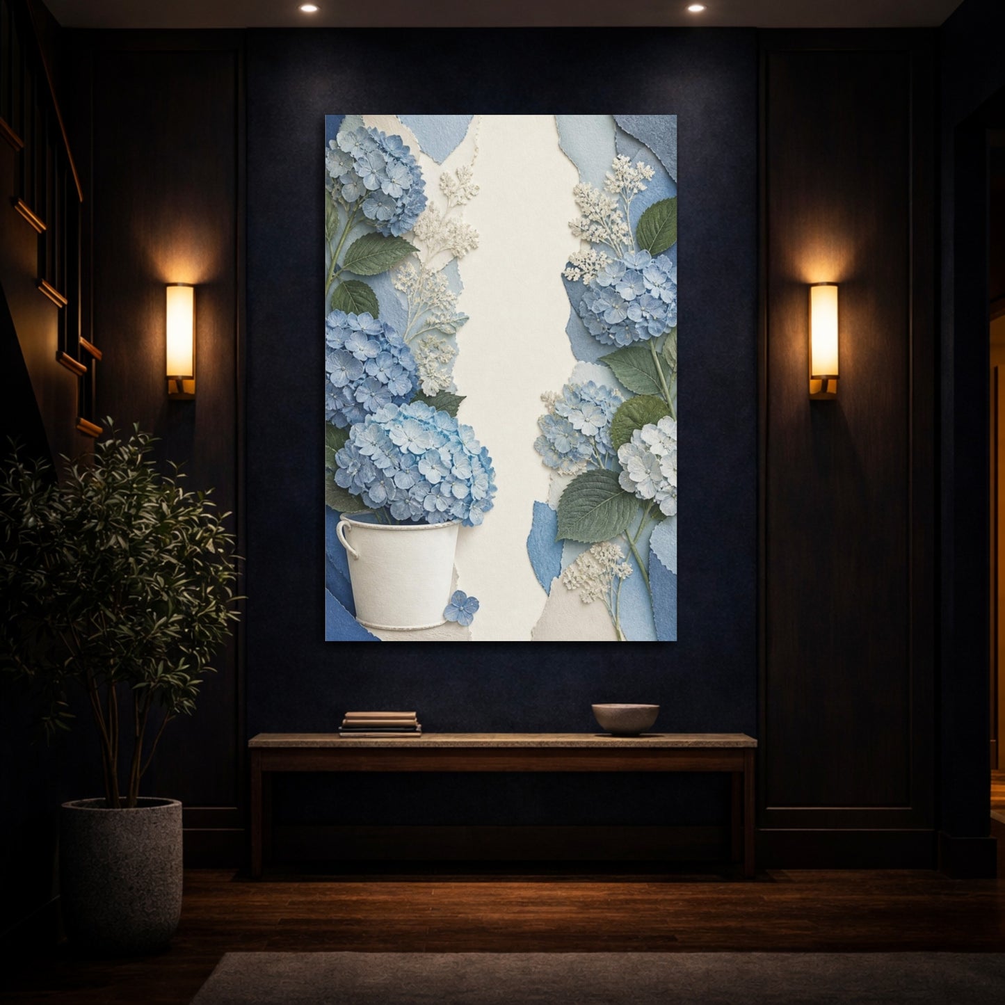 Mockup 4. Botanical Blue Hydrangea shown as canvas print