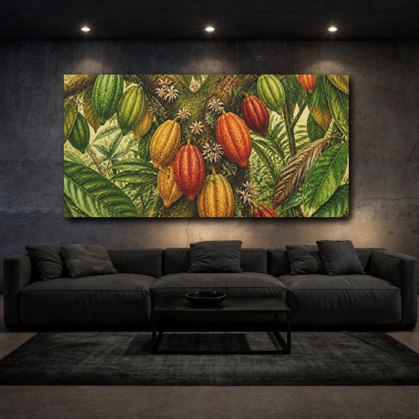 Mockup 3. Botanical Cacao Pods Study shown as canvas print