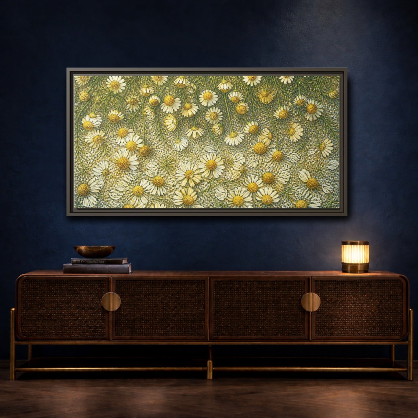 Mockup 4. Botanical Chamomile Study shown as framed canvas print
