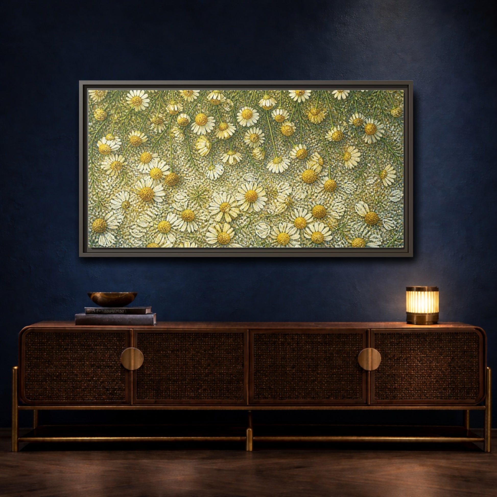 Mockup 4. Botanical Chamomile Study shown as framed canvas print