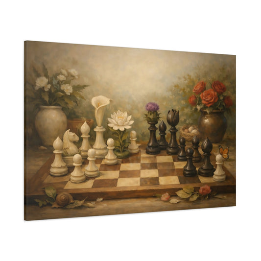 Main Mockup. Botanical Chess Pieces And Board Harmony Scene shown as stretched canvas wall art