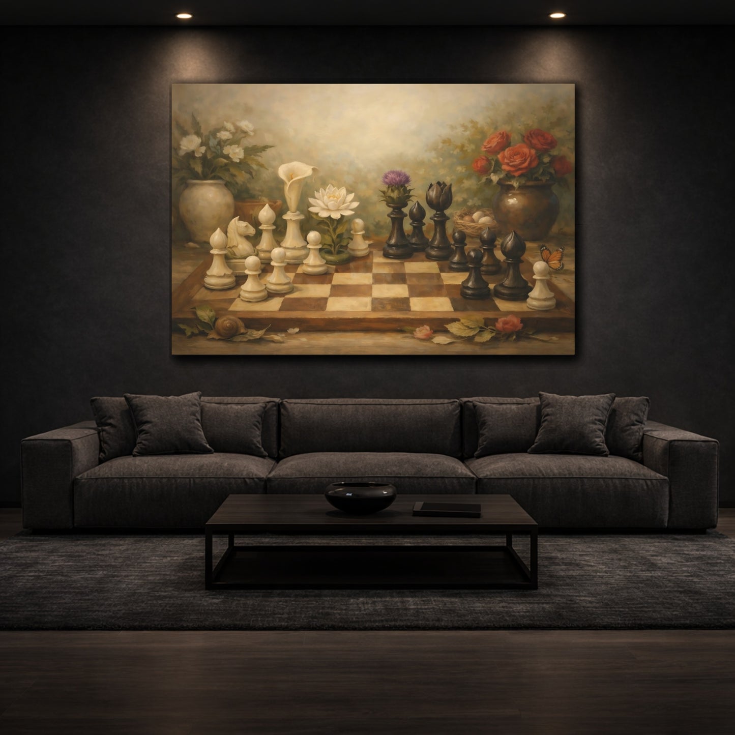 Mockup 2. Botanical Chess Pieces And Board Harmony Scene shown as stretched canvas wall art