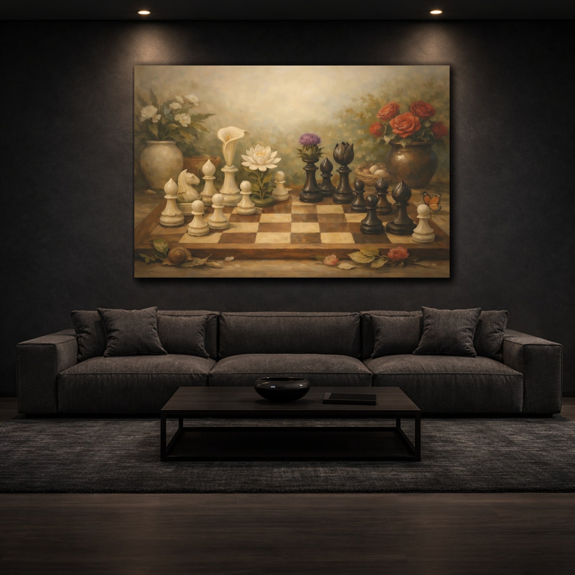 Mockup 2. Botanical Chess Pieces And Board Harmony Scene shown as stretched canvas wall art