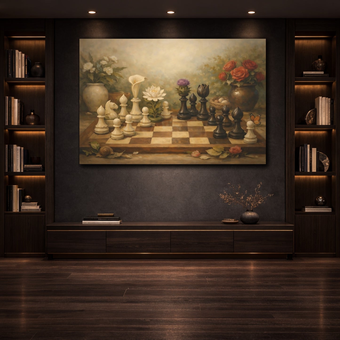Mockup 3. Botanical Chess Pieces And Board Harmony Scene shown as stretched canvas wall art