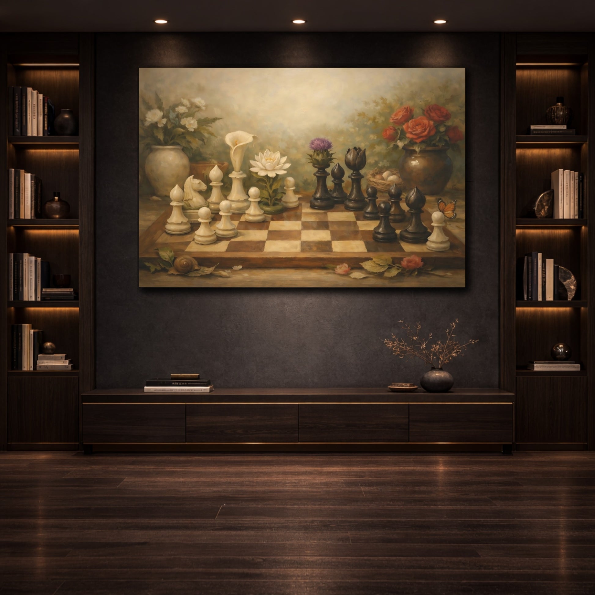 Mockup 3. Botanical Chess Pieces And Board Harmony Scene shown as stretched canvas wall art