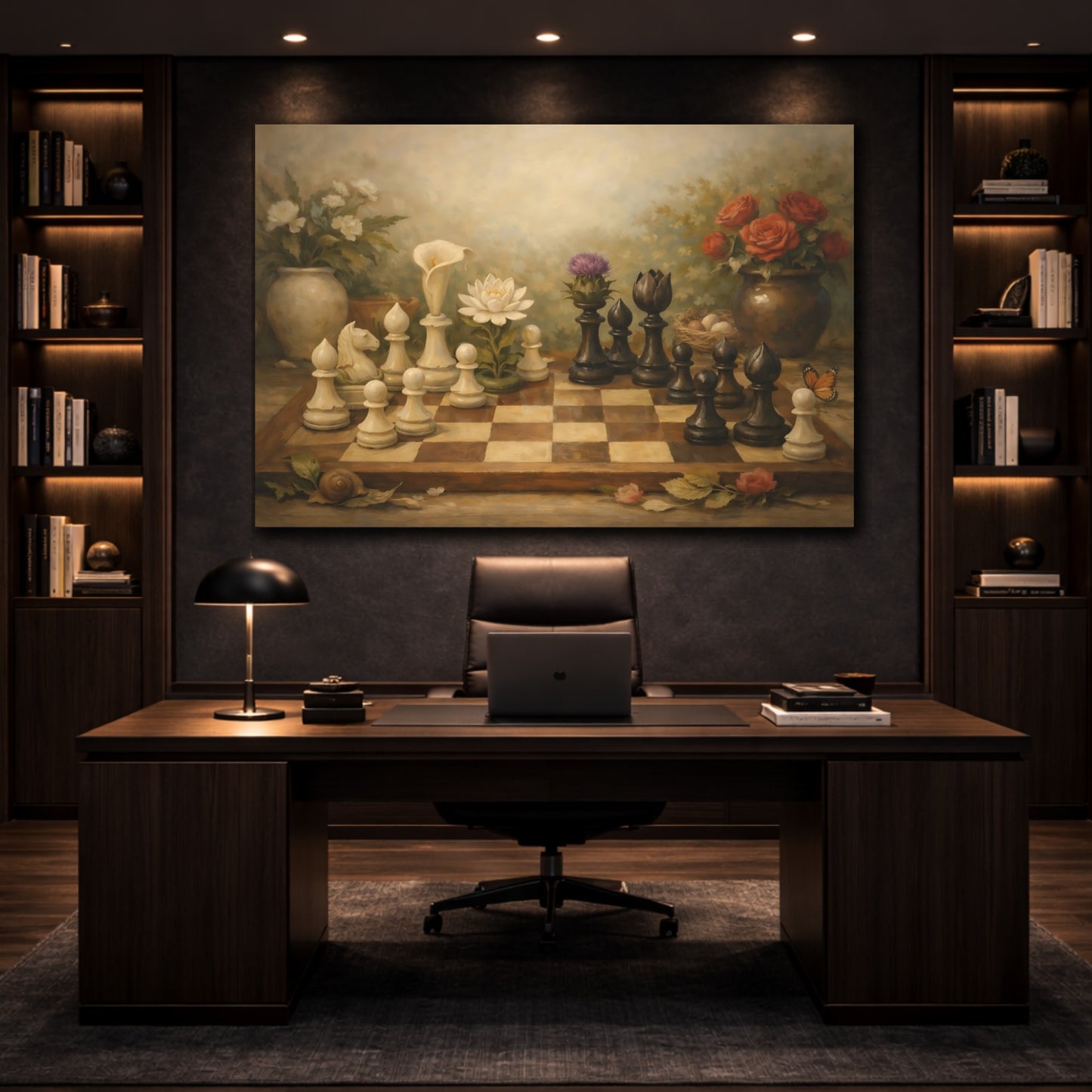 Mockup 4. Botanical Chess Pieces And Board Harmony Scene shown as stretched canvas wall art