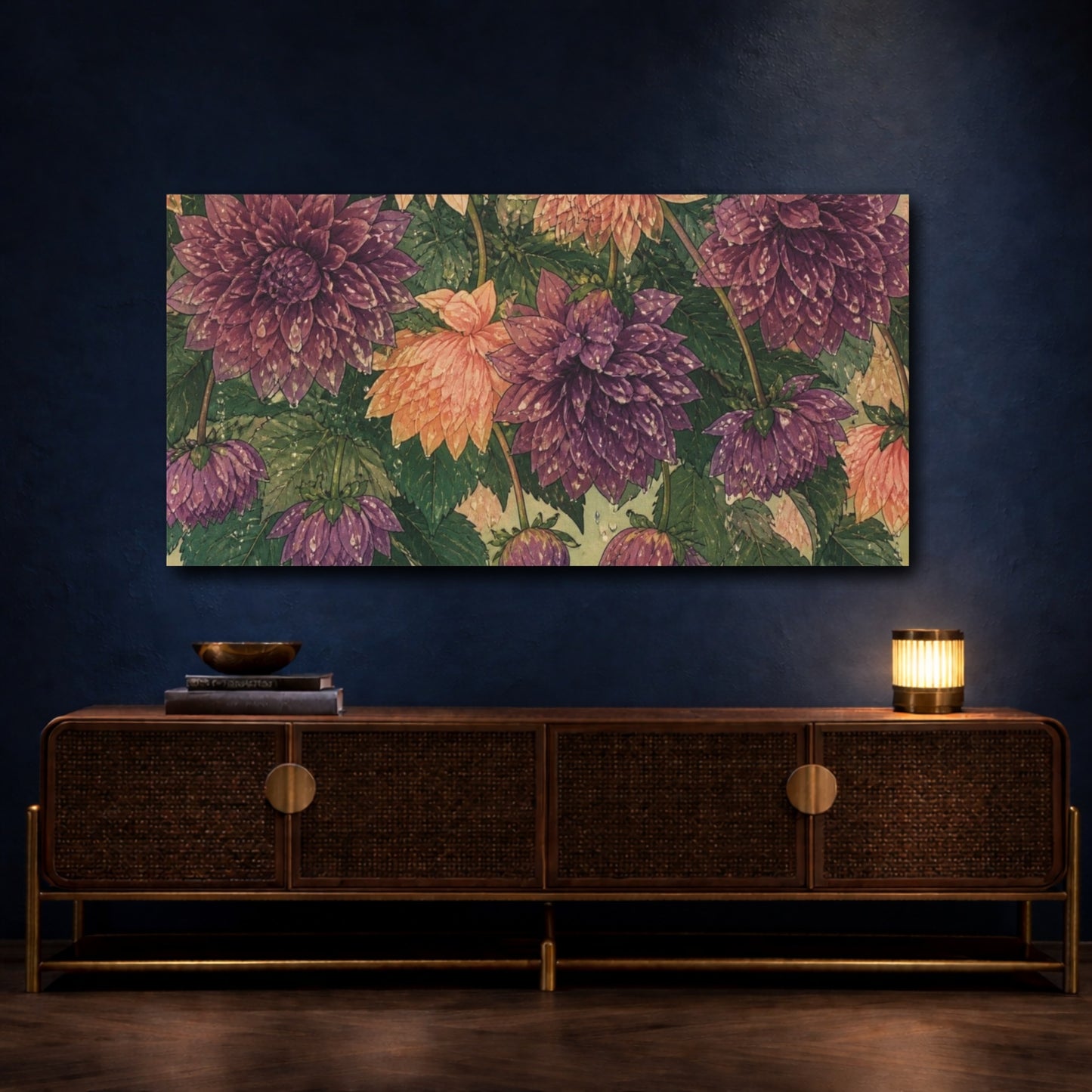Mockup 4. Botanical Dahlia Blooms shown as canvas print