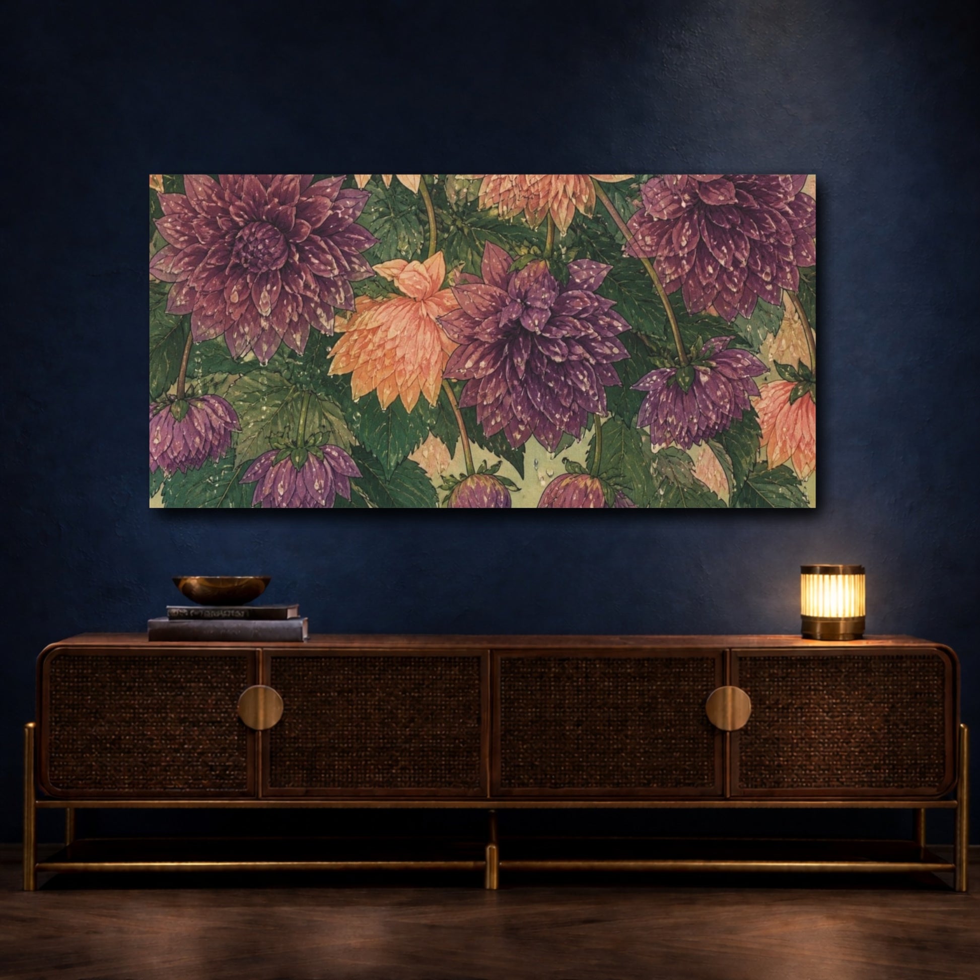 Mockup 4. Botanical Dahlia Blooms shown as canvas print