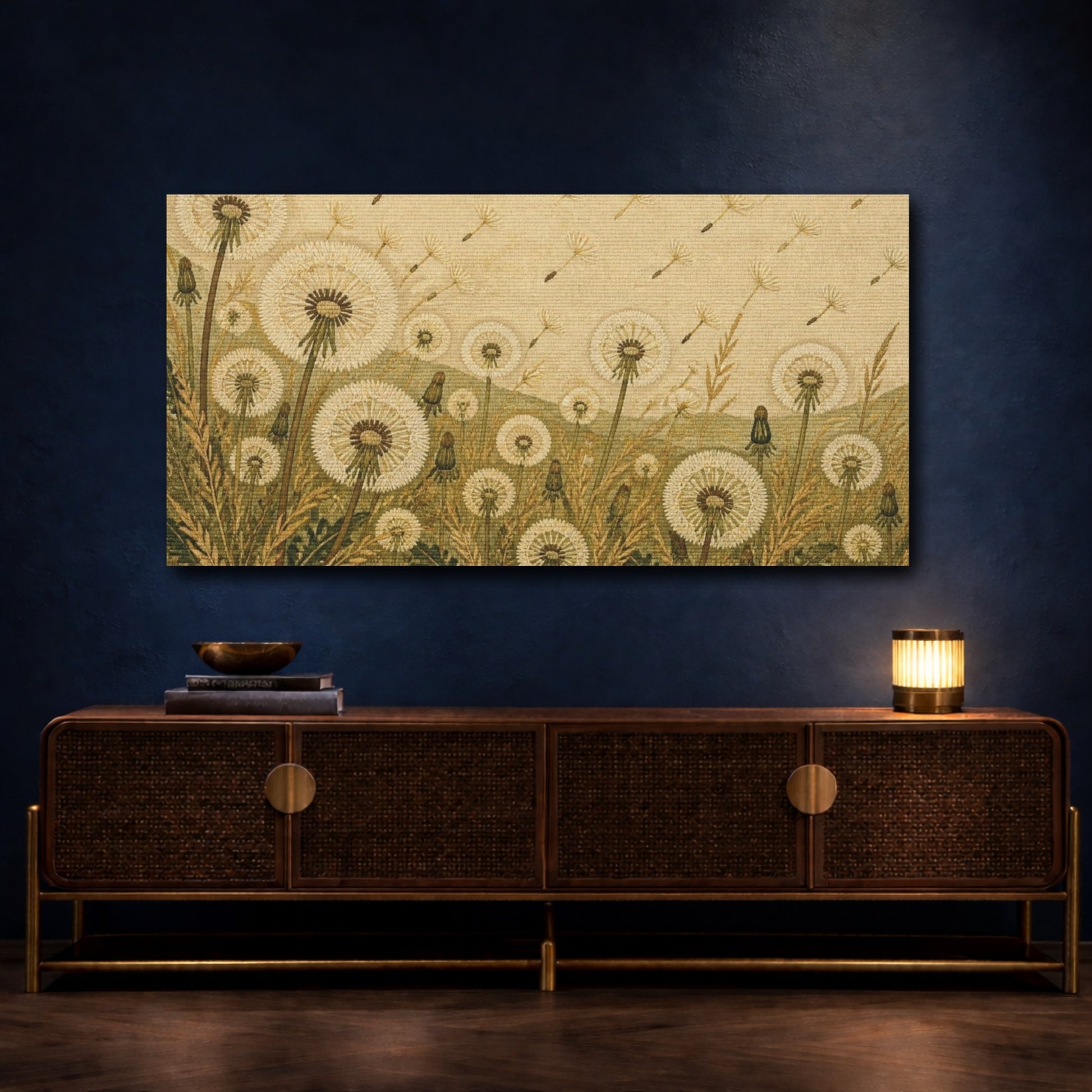 Mockup 4. Botanical Dandelion Meadow shown as canvas print