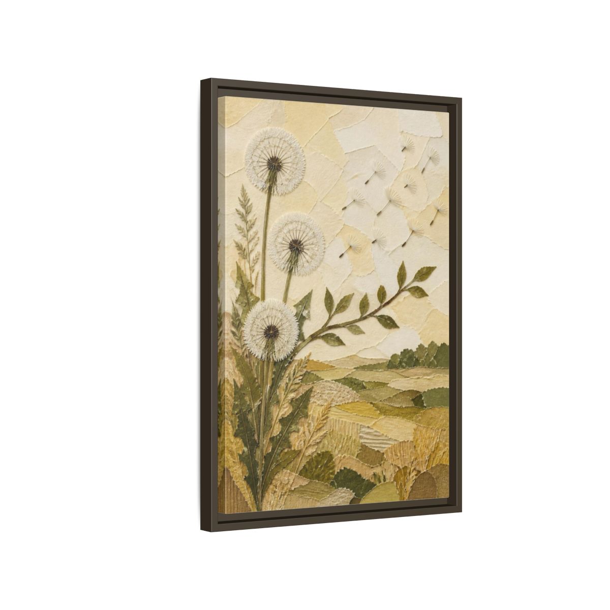 Side Mockup 2. Botanical Dandelion Seed Heads shown as framed canvas print