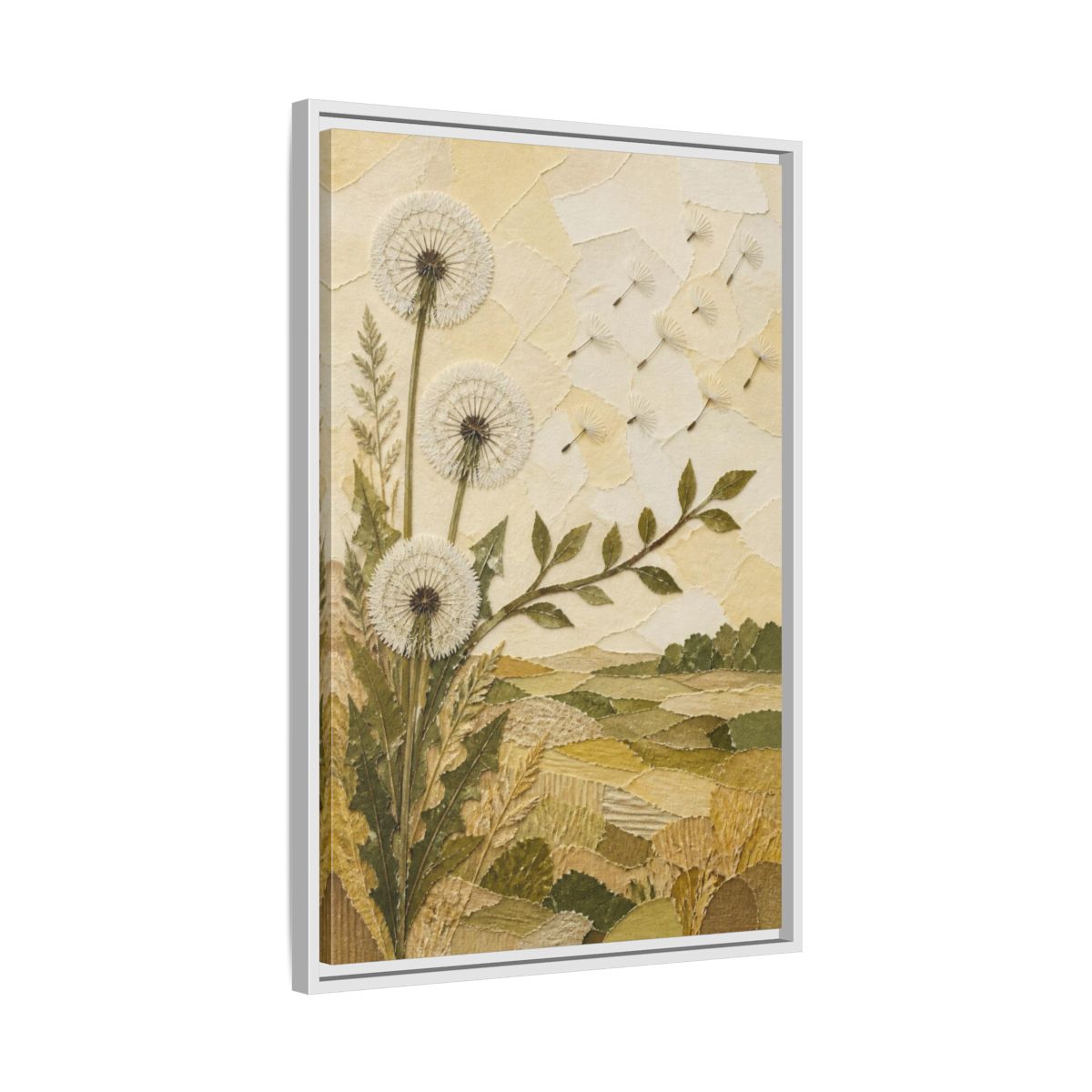 Side Mockup 10. Botanical Dandelion Seed Heads shown as framed canvas print