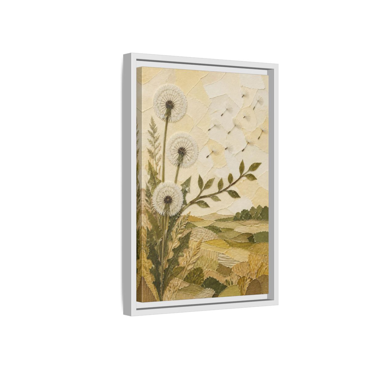 Side Mockup 4. Botanical Dandelion Seed Heads shown as framed canvas print