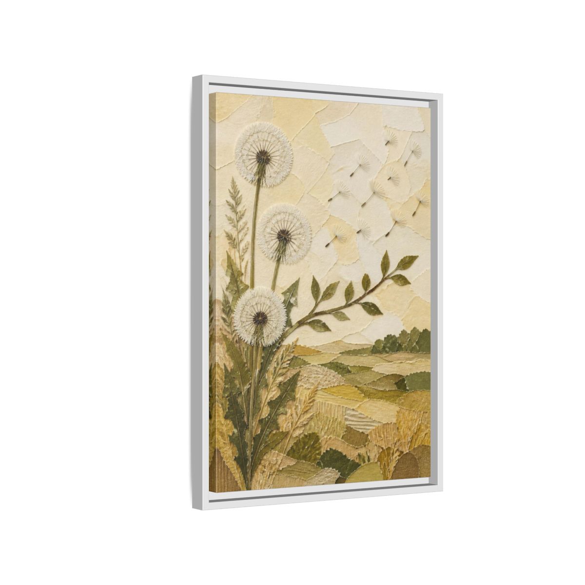 Side Mockup 1. Botanical Dandelion Seed Heads shown as framed canvas print
