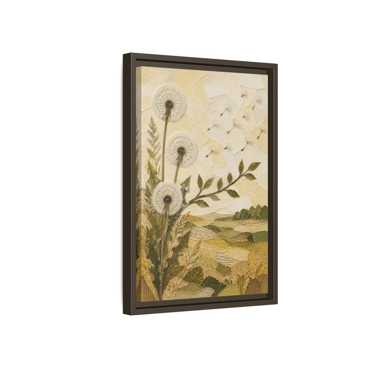 Side Mockup 5. Botanical Dandelion Seed Heads shown as framed canvas print