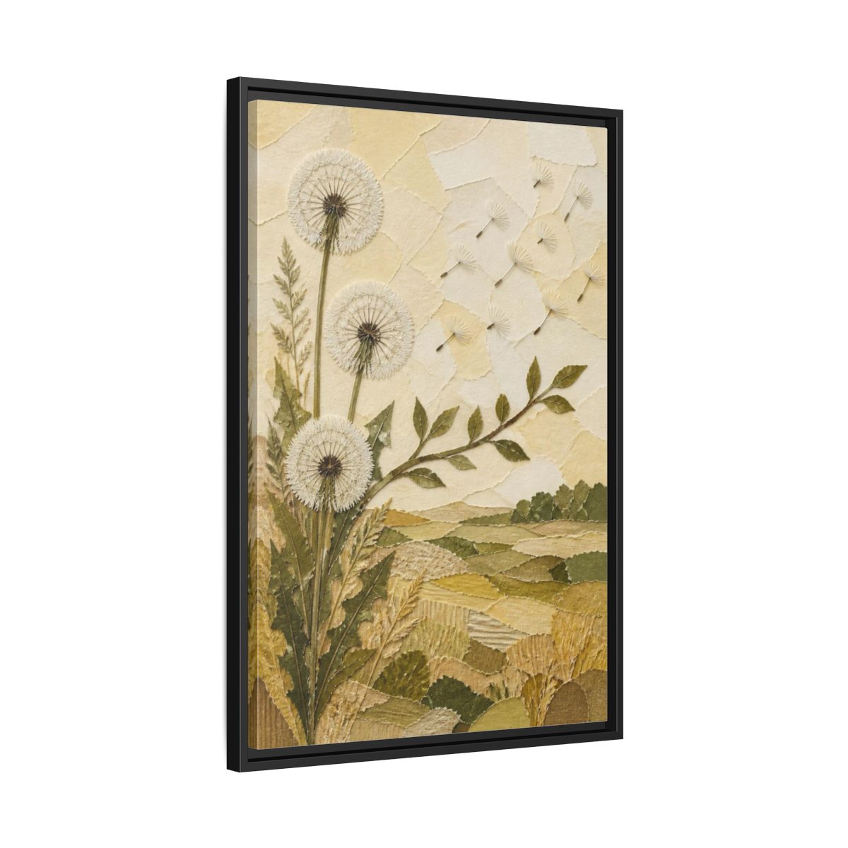 Side Mockup 14. Botanical Dandelion Seed Heads shown as framed canvas print