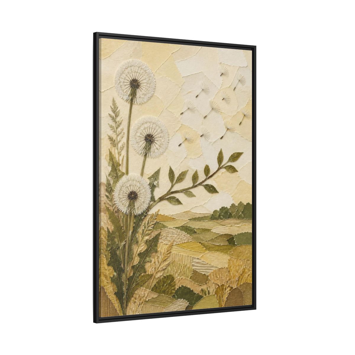 Side Mockup 12. Botanical Dandelion Seed Heads shown as framed canvas print
