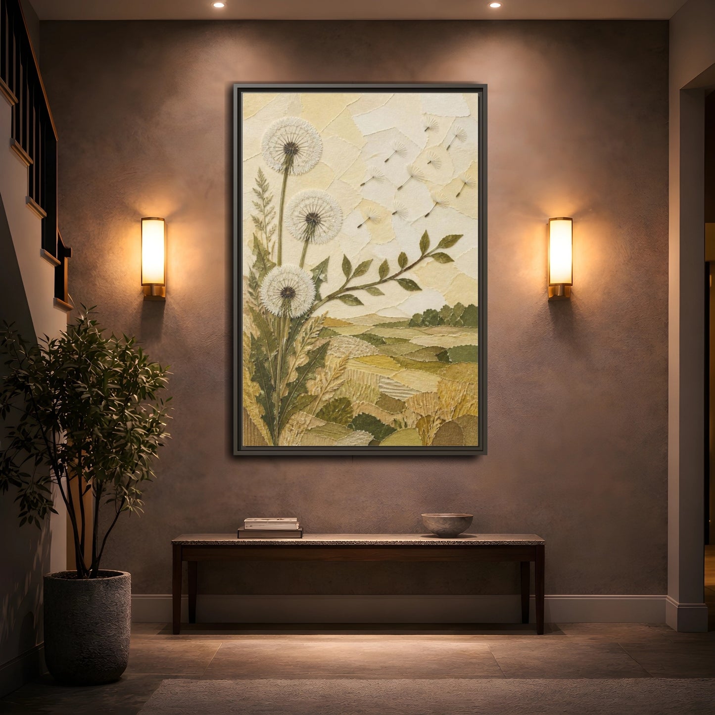 Mockup 2. Botanical Dandelion Seed Heads shown as framed canvas print