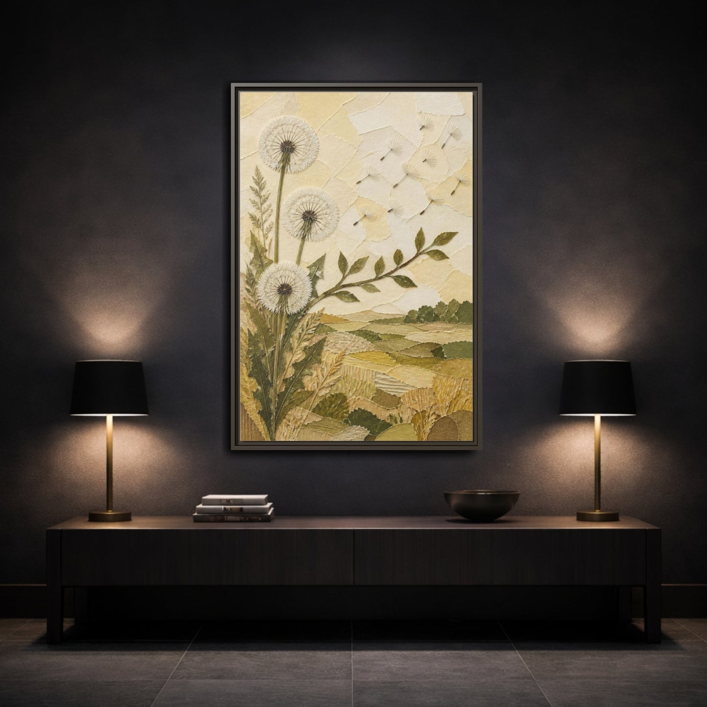 Mockup 3. Botanical Dandelion Seed Heads shown as framed canvas print