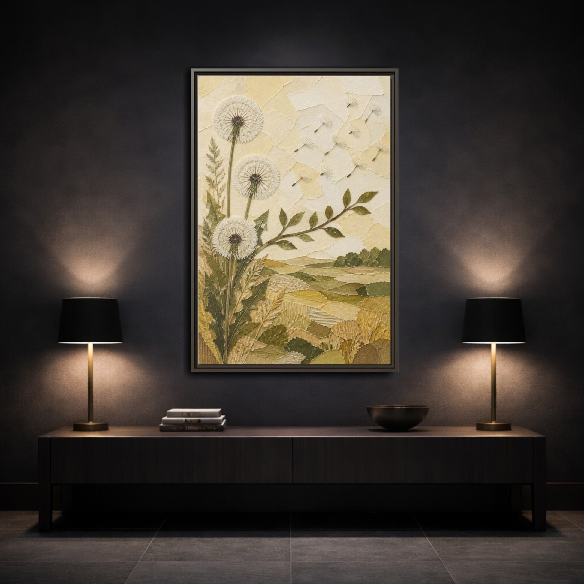 Mockup 3. Botanical Dandelion Seed Heads shown as framed canvas print