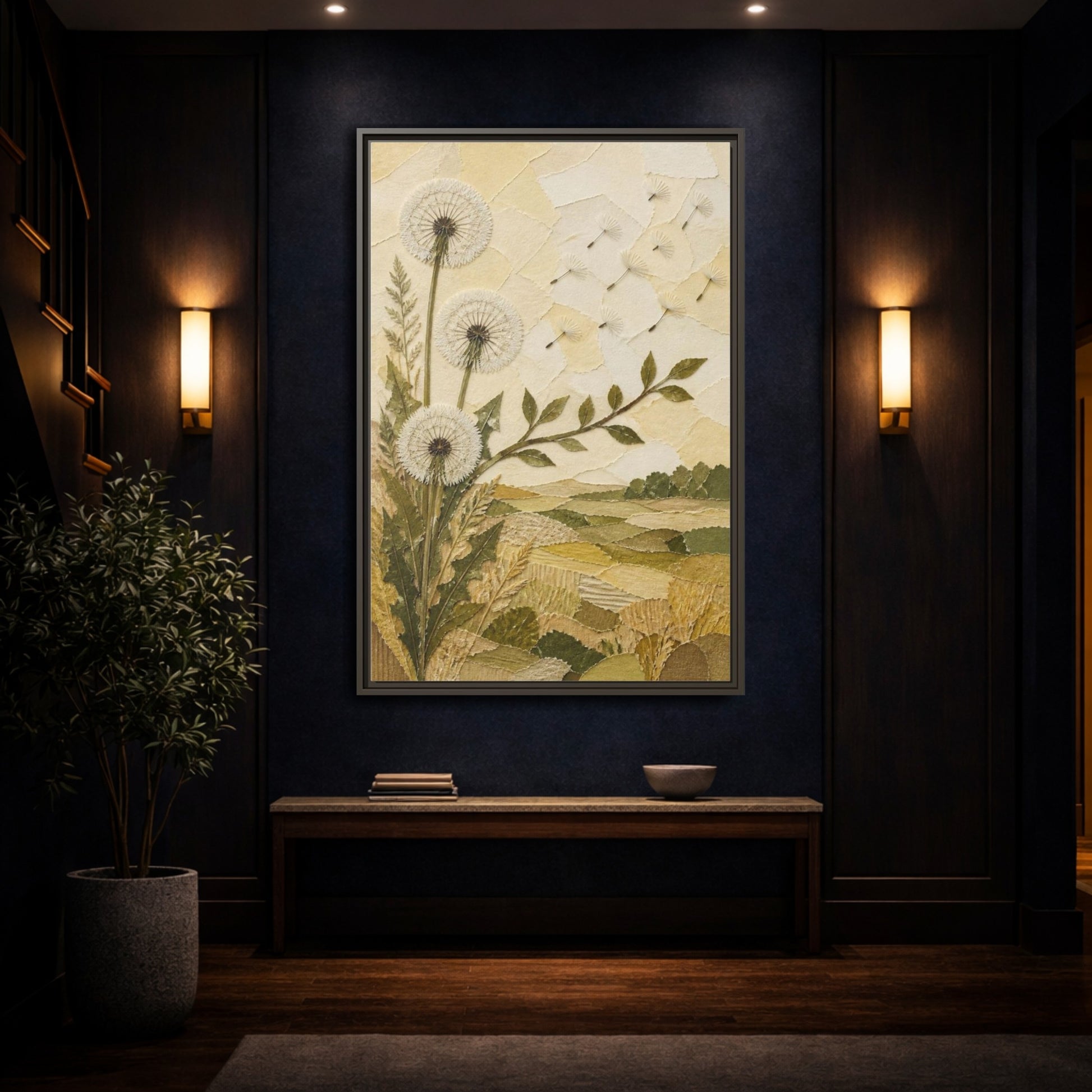 Mockup 4. Botanical Dandelion Seed Heads shown as framed canvas print