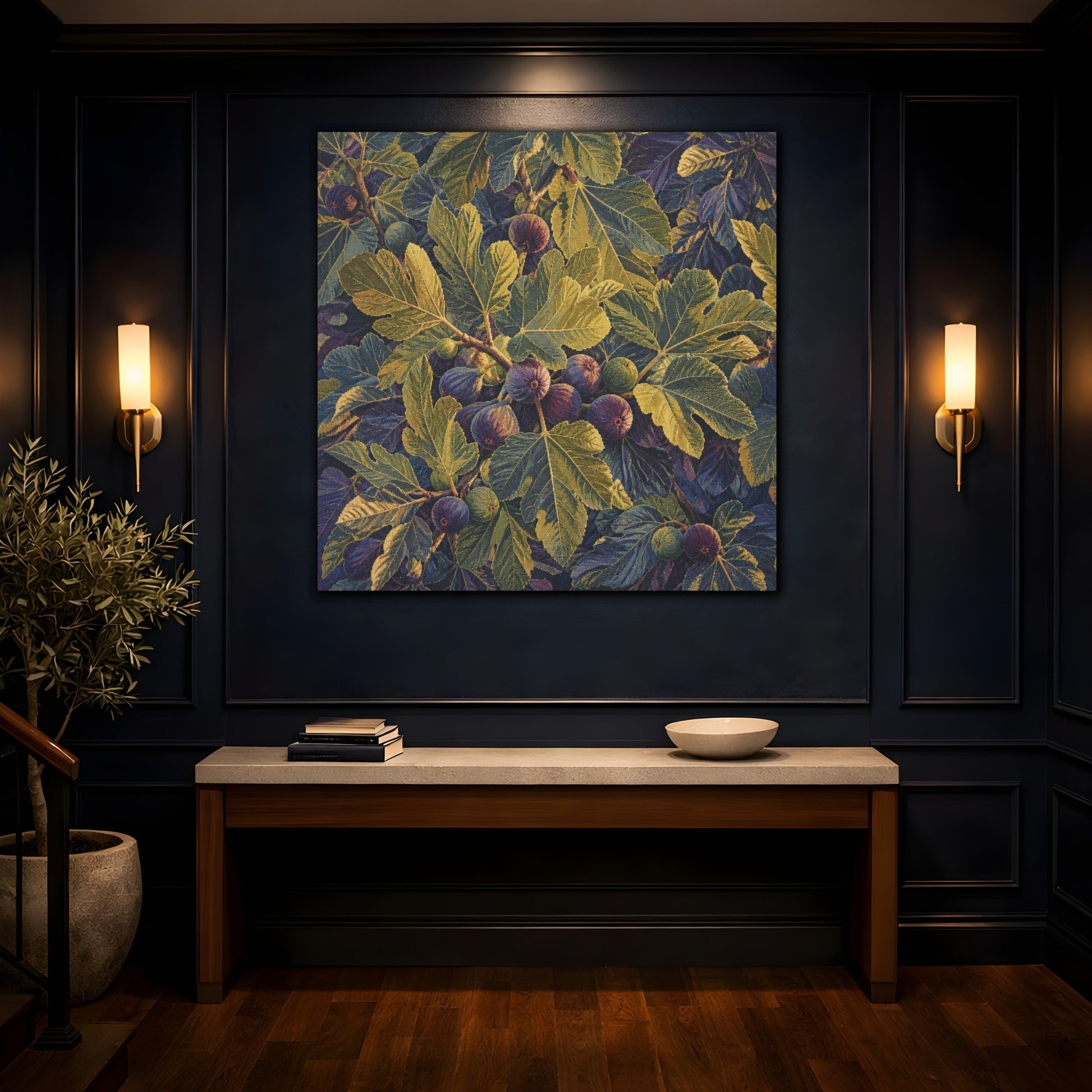 Mockup 4. Botanical Fig Leaves shown as canvas print