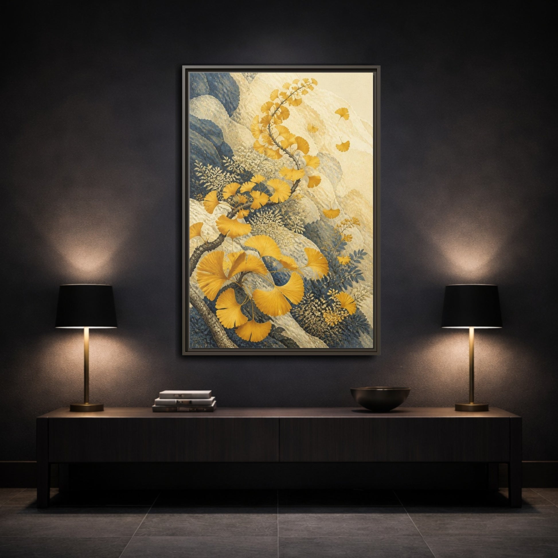 Mockup 3. Botanical Ginkgo Study shown as framed canvas print