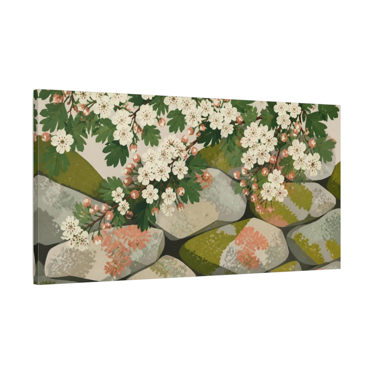 Main Mockup. Botanical Hawthorn Blossoms shown as canvas print