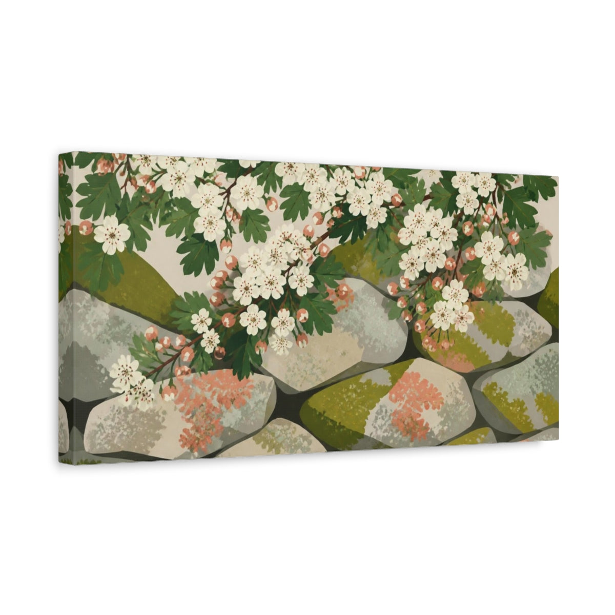 Side Mockup 3. Botanical Hawthorn Blossoms shown as canvas print
