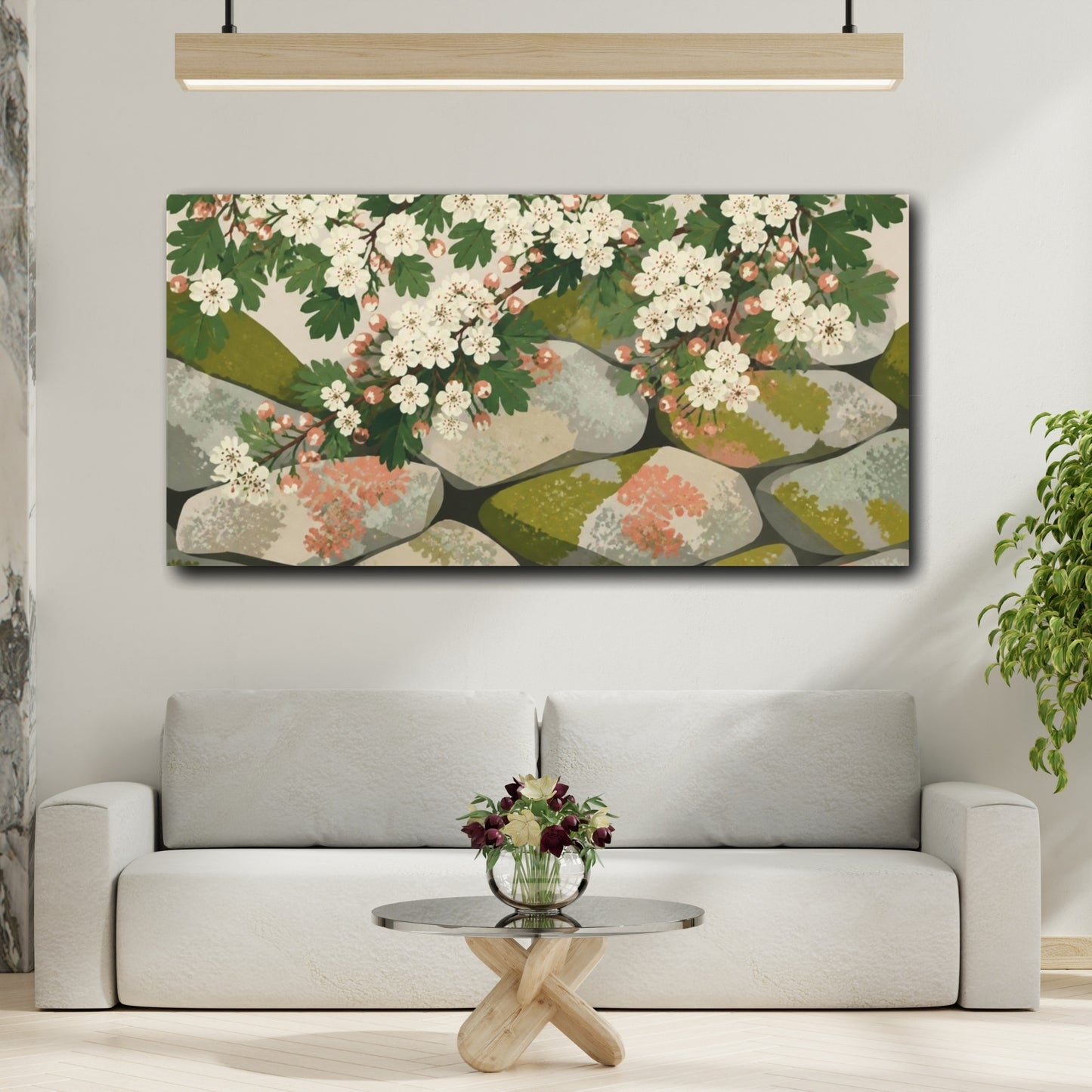 Mockup 2. Botanical Hawthorn Blossoms shown as canvas print