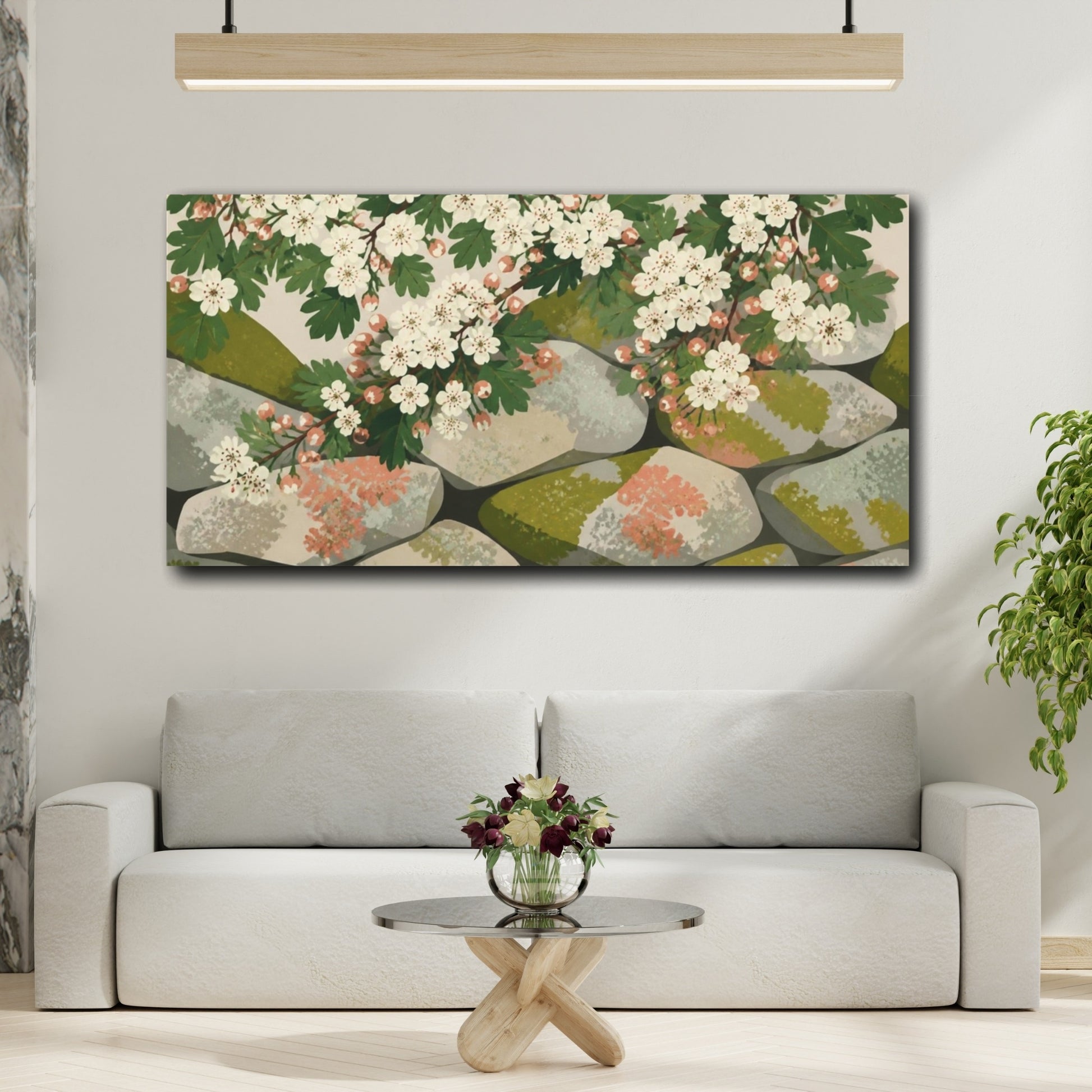 Mockup 2. Botanical Hawthorn Blossoms shown as canvas print