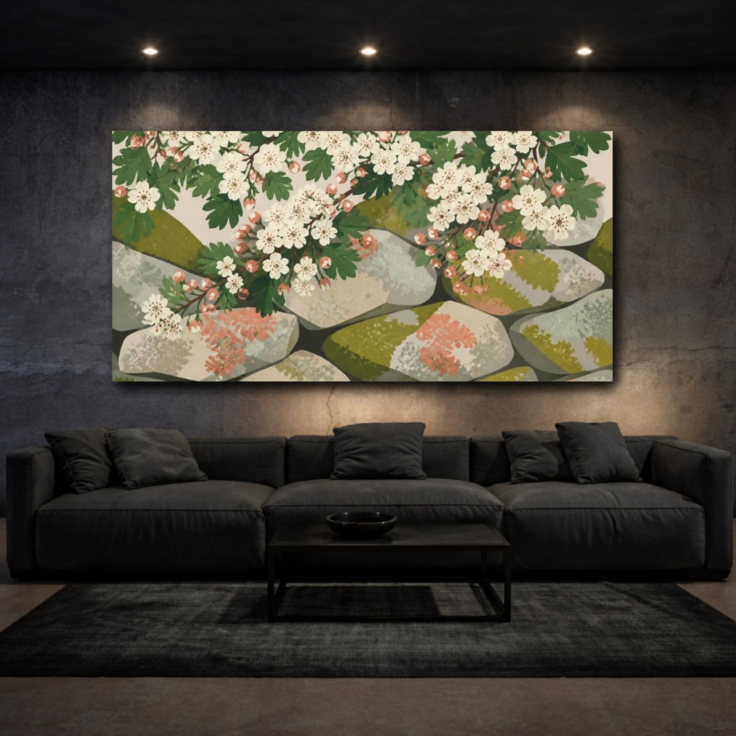 Mockup 3. Botanical Hawthorn Blossoms shown as canvas print