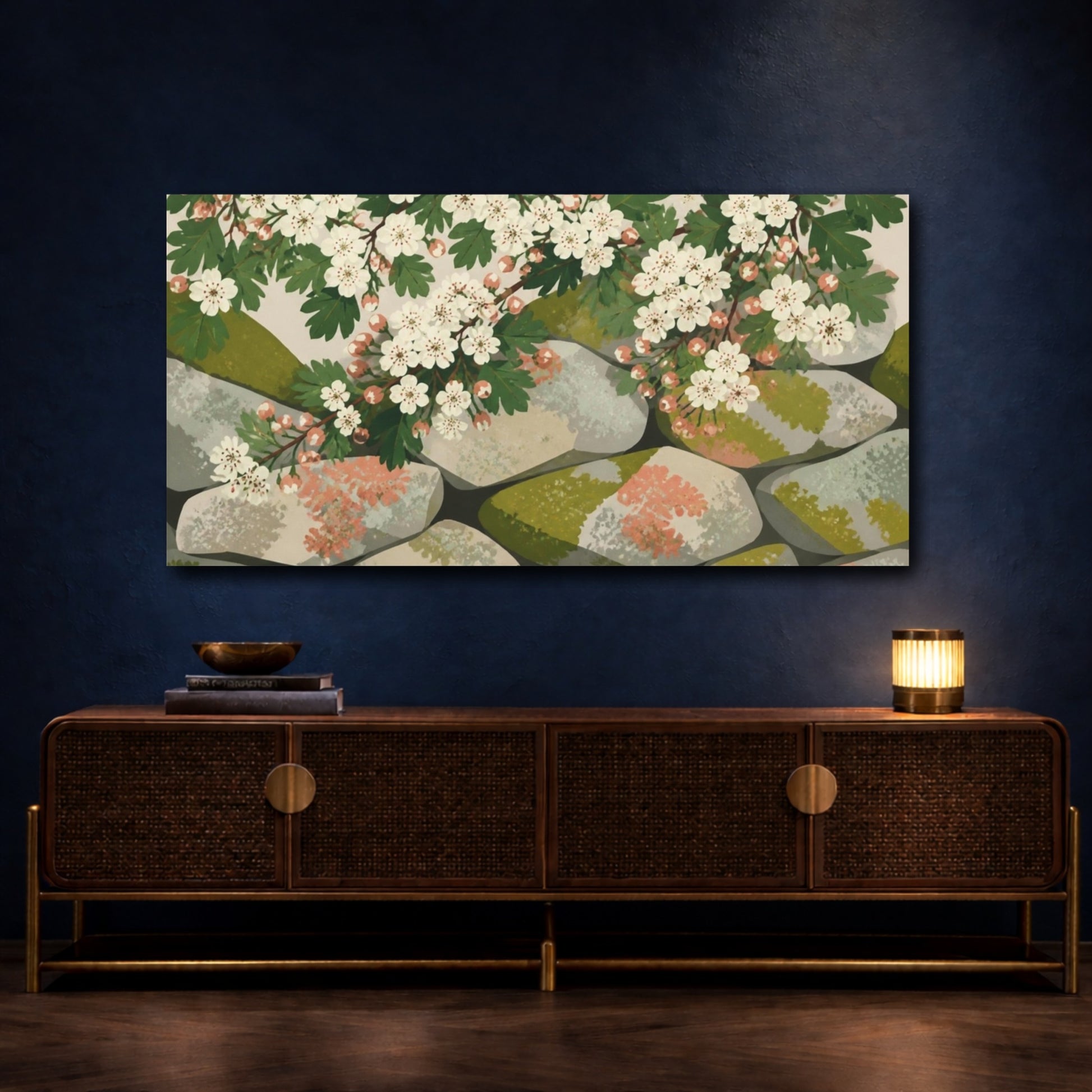 Mockup 4. Botanical Hawthorn Blossoms shown as canvas print
