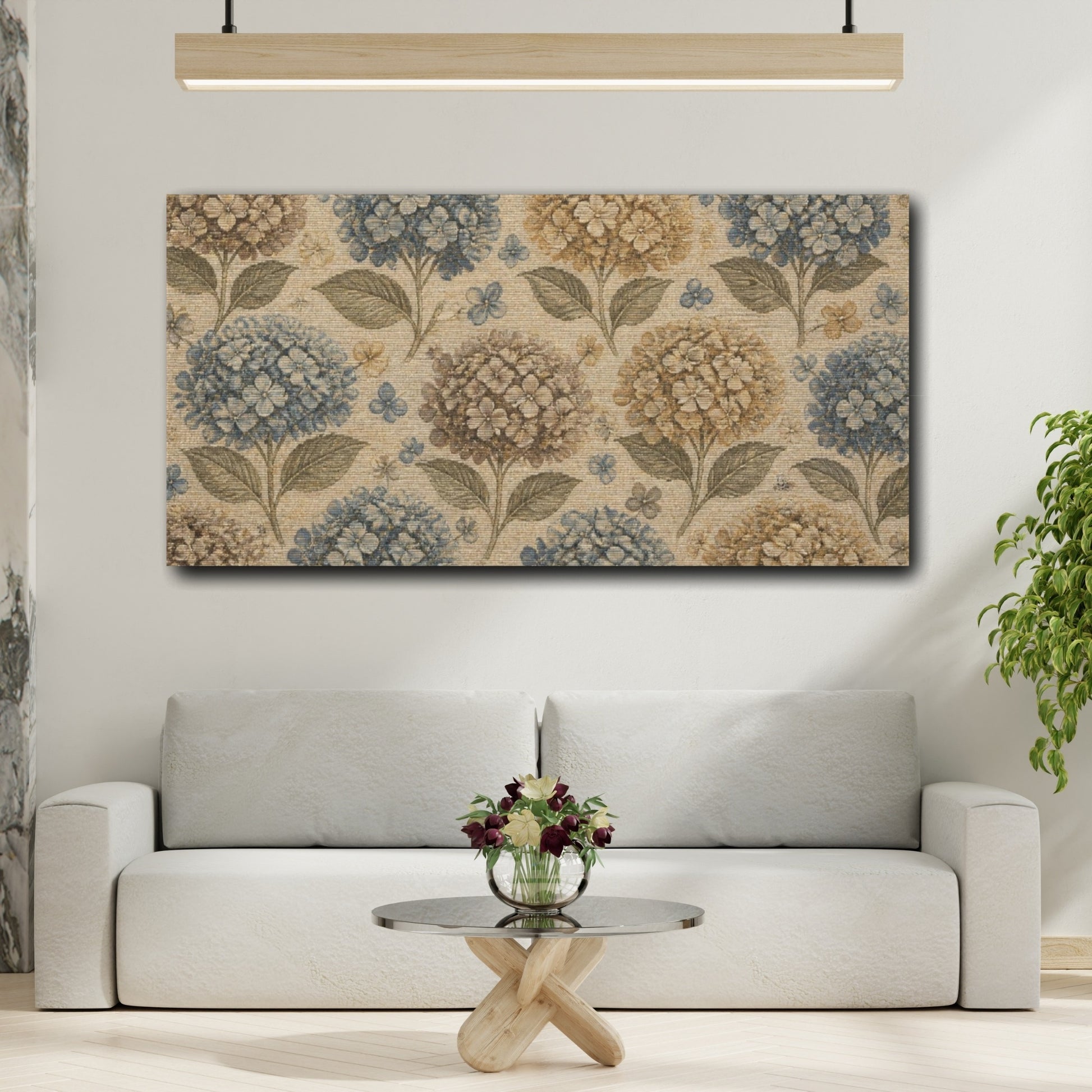 Mockup 2. Botanical Hydrangea Cluster shown as canvas print