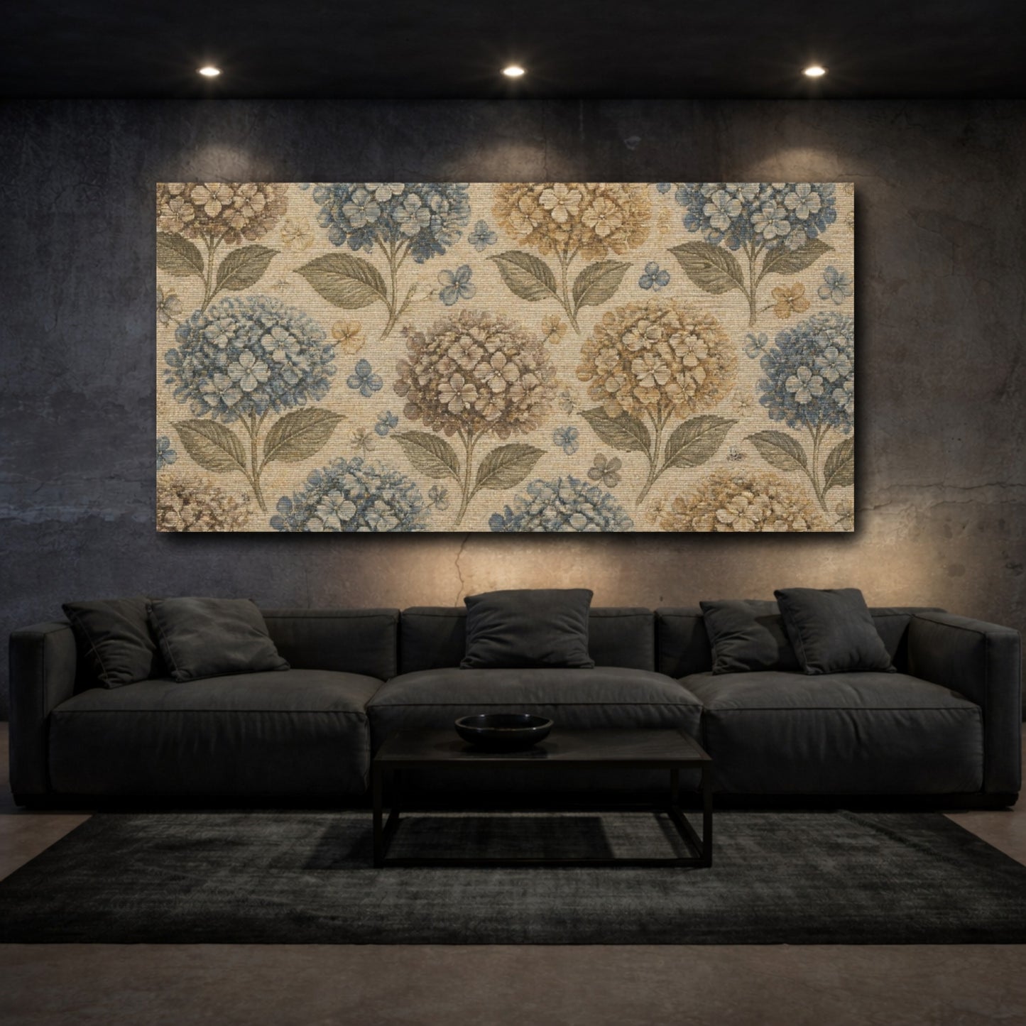 Mockup 3. Botanical Hydrangea Cluster shown as canvas print