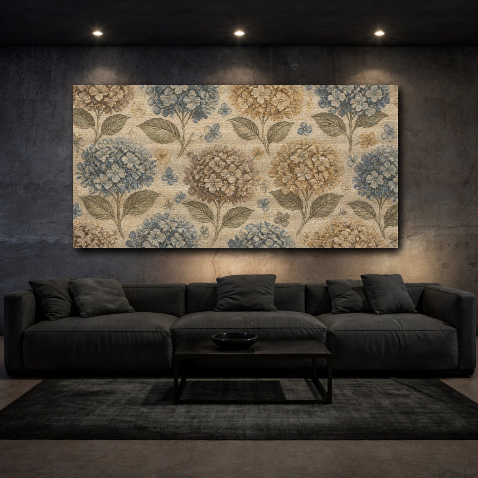 Mockup 3. Botanical Hydrangea Cluster shown as canvas print