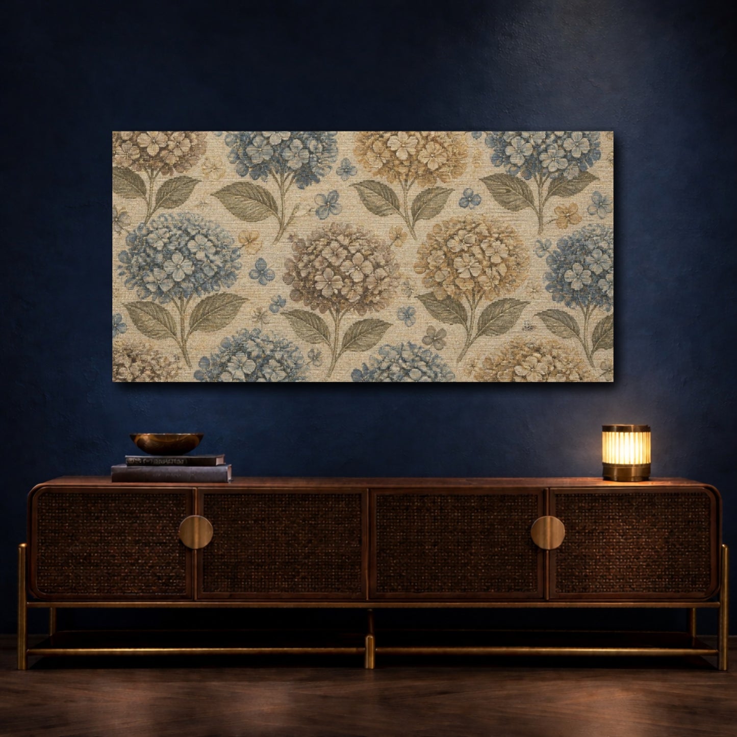 Mockup 4. Botanical Hydrangea Cluster shown as canvas print