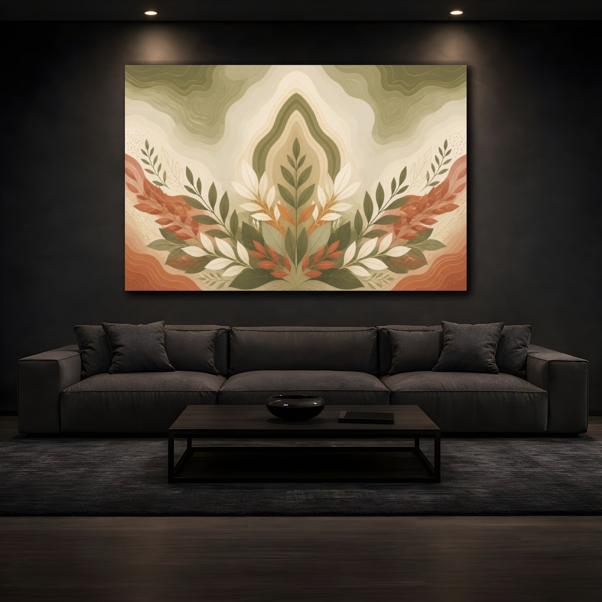 Mockup 3. Botanical Leaf Contour shown as canvas print