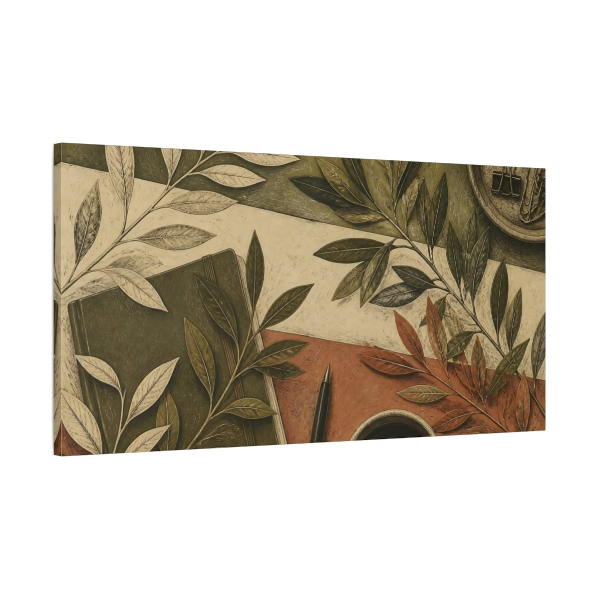 Main Mockup. Botanical Leaves Desk Scene shown as canvas print