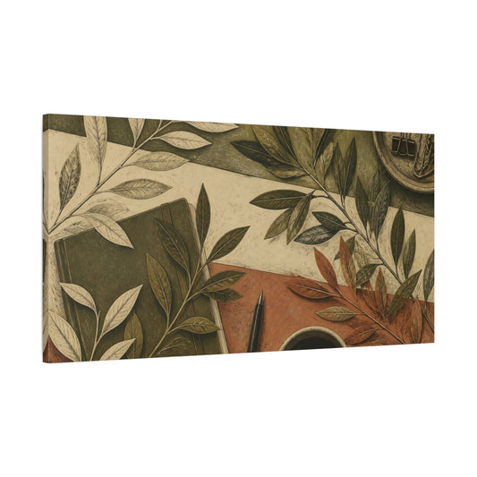Main Mockup. Botanical Leaves Desk Scene shown as canvas print