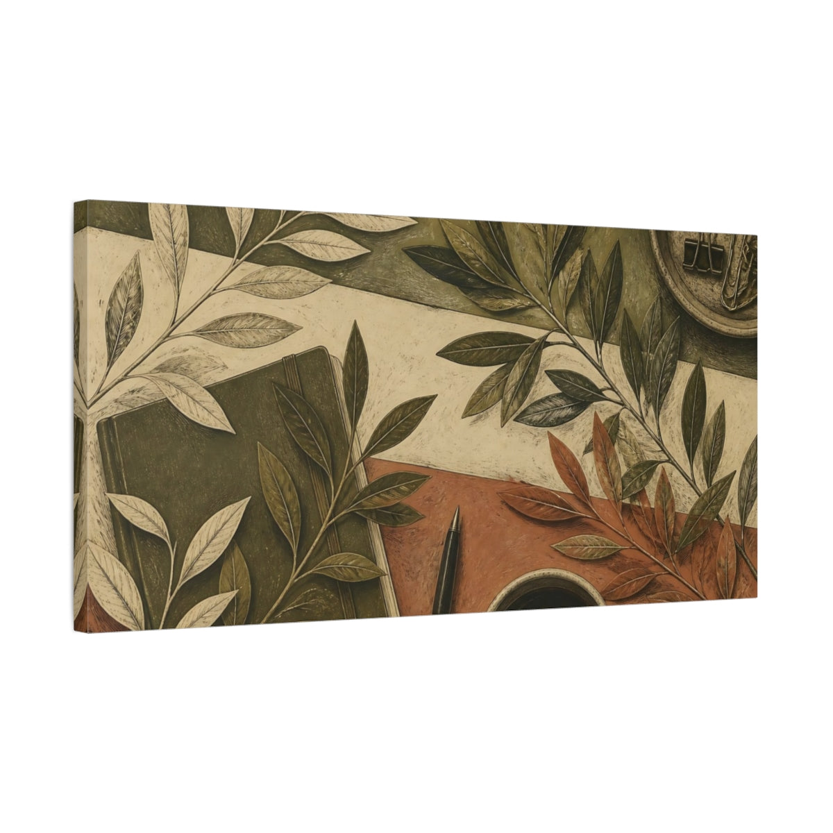 Side Mockup 1. Botanical Leaves Desk Scene shown as canvas print