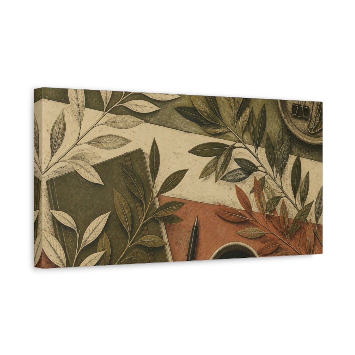 Side Mockup 3. Botanical Leaves Desk Scene shown as canvas print