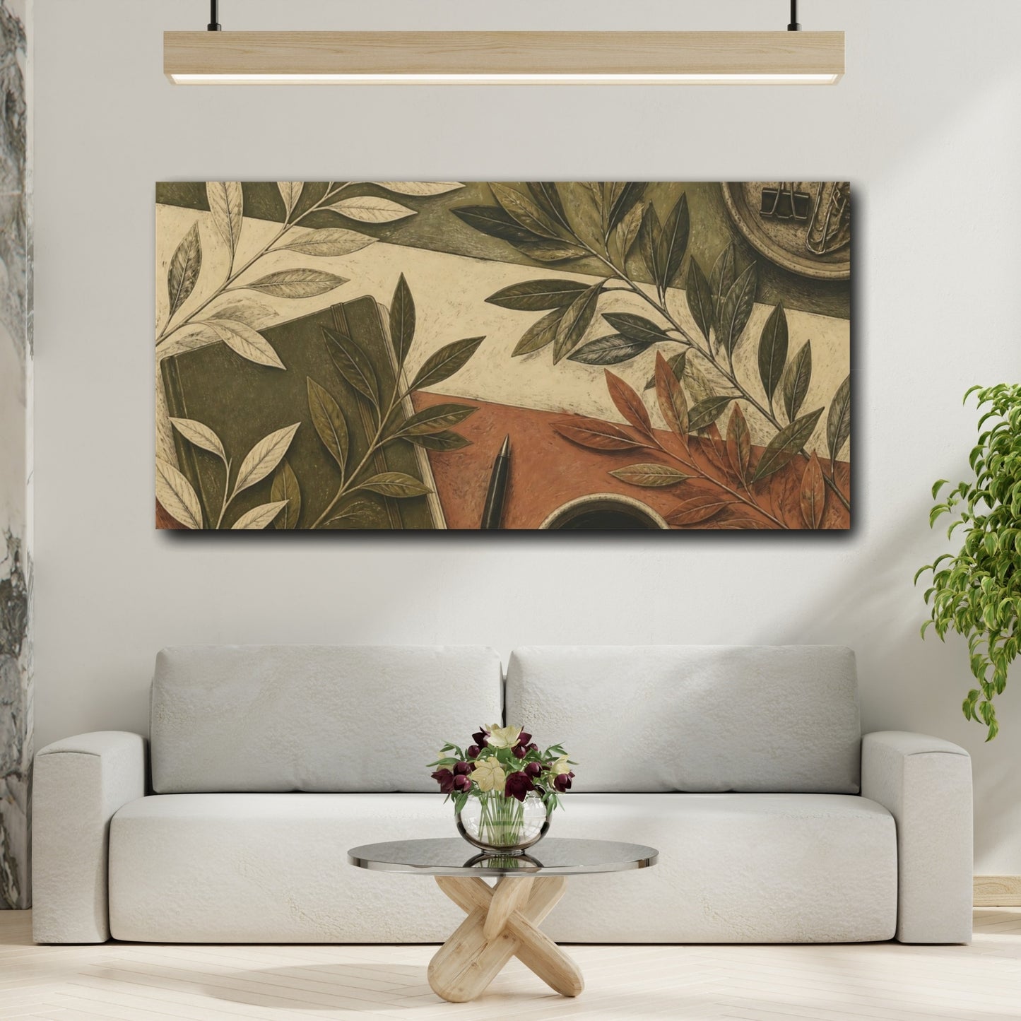 Mockup 2. Botanical Leaves Desk Scene shown as canvas print