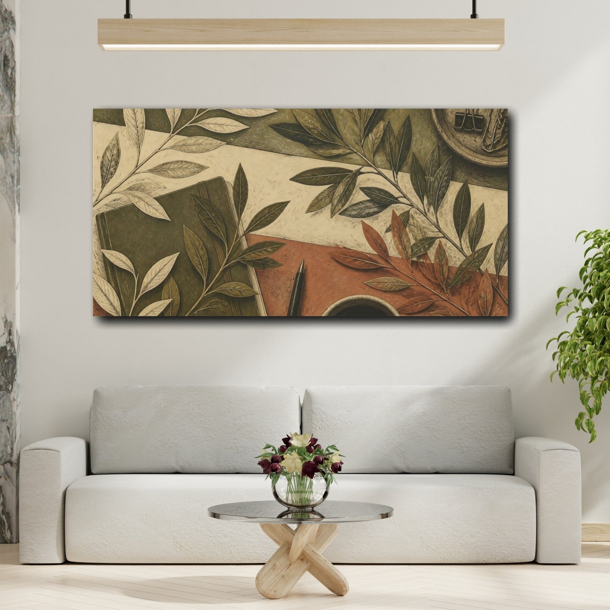 Mockup 2. Botanical Leaves Desk Scene shown as canvas print