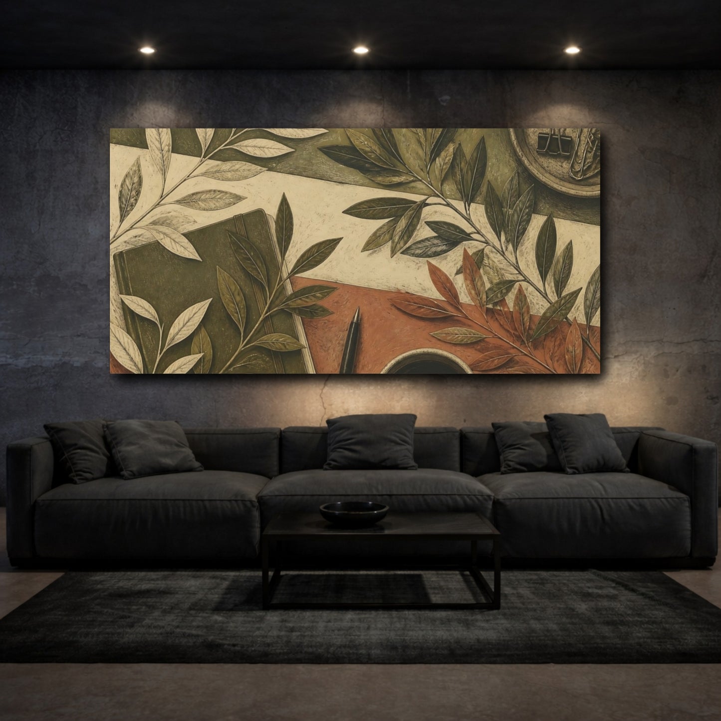 Mockup 3. Botanical Leaves Desk Scene shown as canvas print