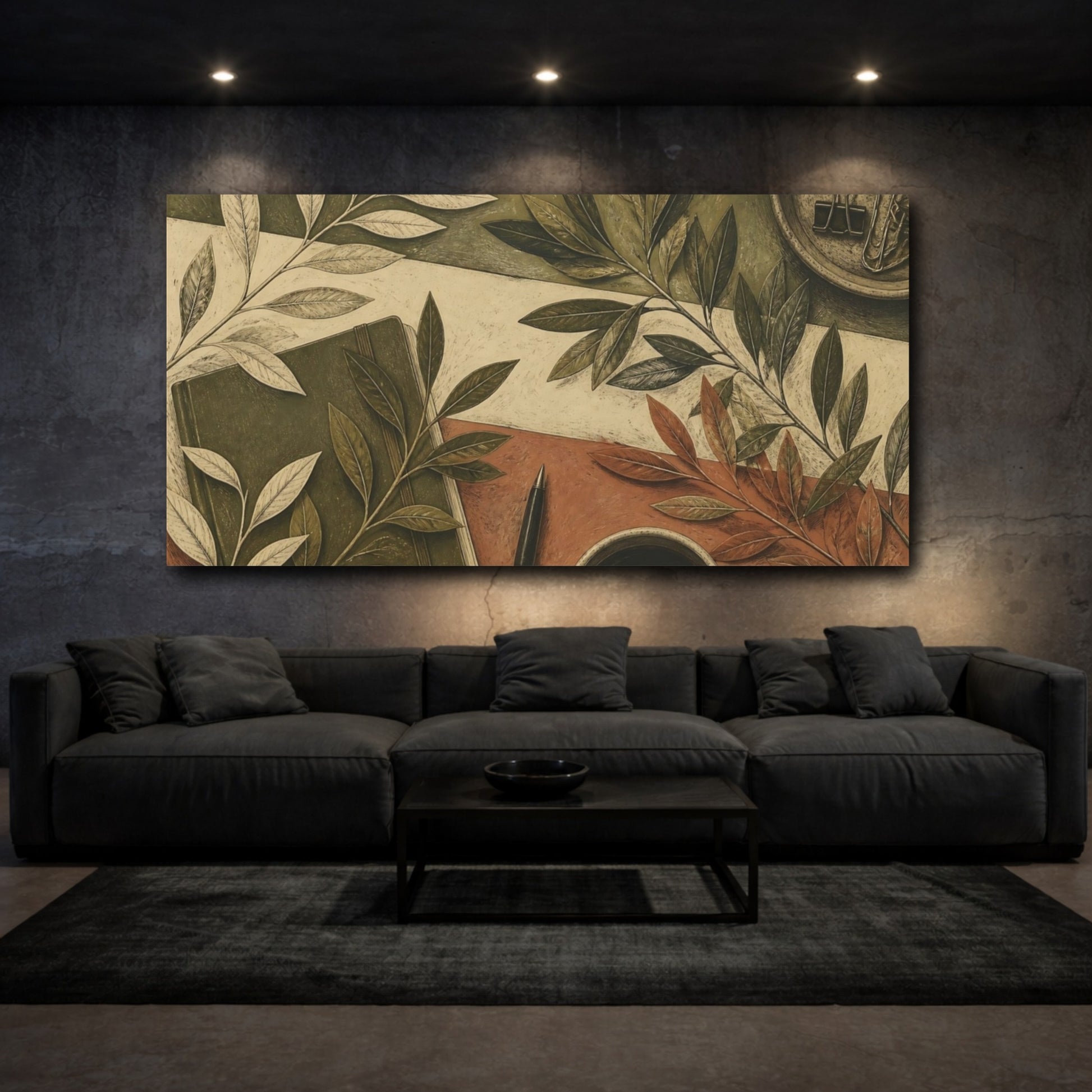 Mockup 3. Botanical Leaves Desk Scene shown as canvas print