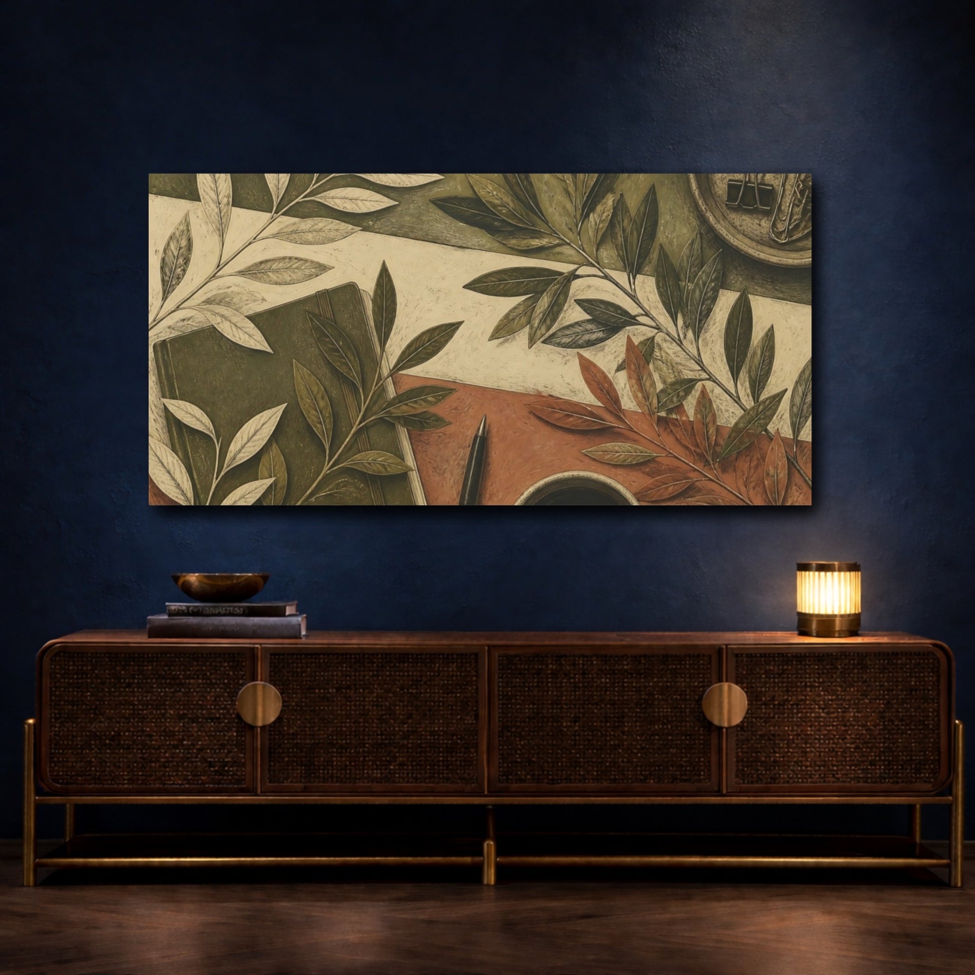 Mockup 4. Botanical Leaves Desk Scene shown as canvas print
