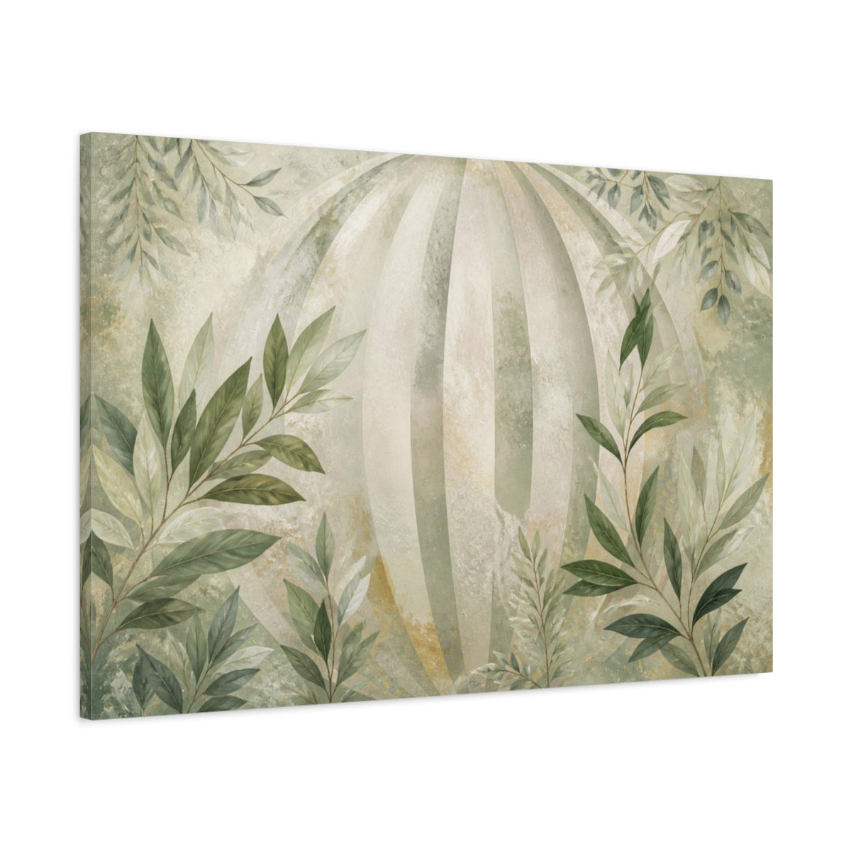 Main Mockup. Botanical Leaves Sage Striped Orb Branches shown as canvas print