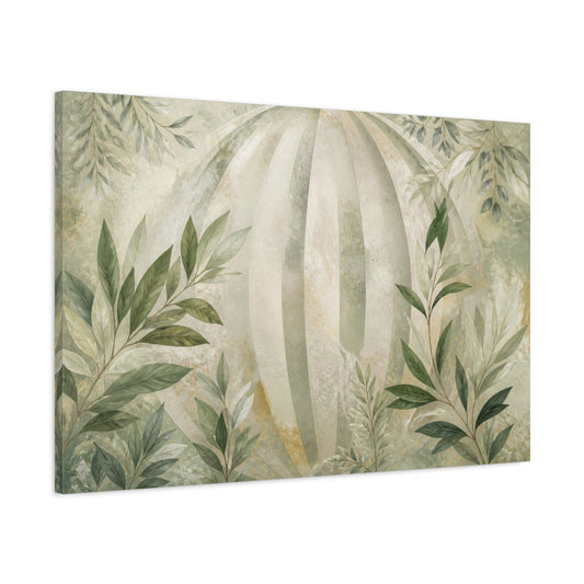 Main Mockup. Botanical Leaves Sage Striped Orb Branches shown as canvas print