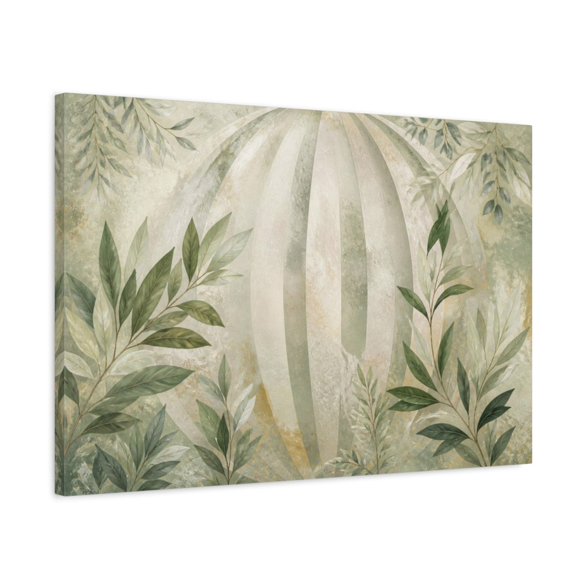 Side Mockup 2. Botanical Leaves Sage Striped Orb Branches shown as canvas print